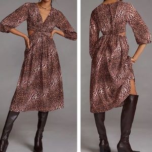 Anthropologie Ranna Gill Side Cut Out Midi Dress Brown Animal Print Size Large